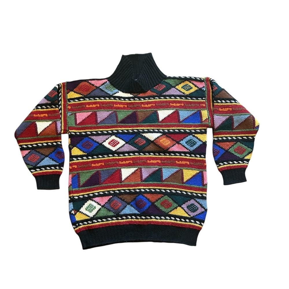 LANDS' END Womens Sz M Wool Multi Geometric Retro Knit Vintage Sweater.